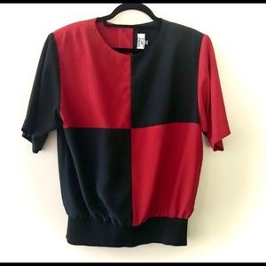 Vintage Black Red Colorblock Checkerboard Blouse